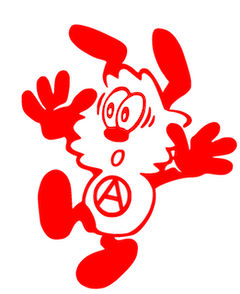 Art piece red cartoon figure with hands in air